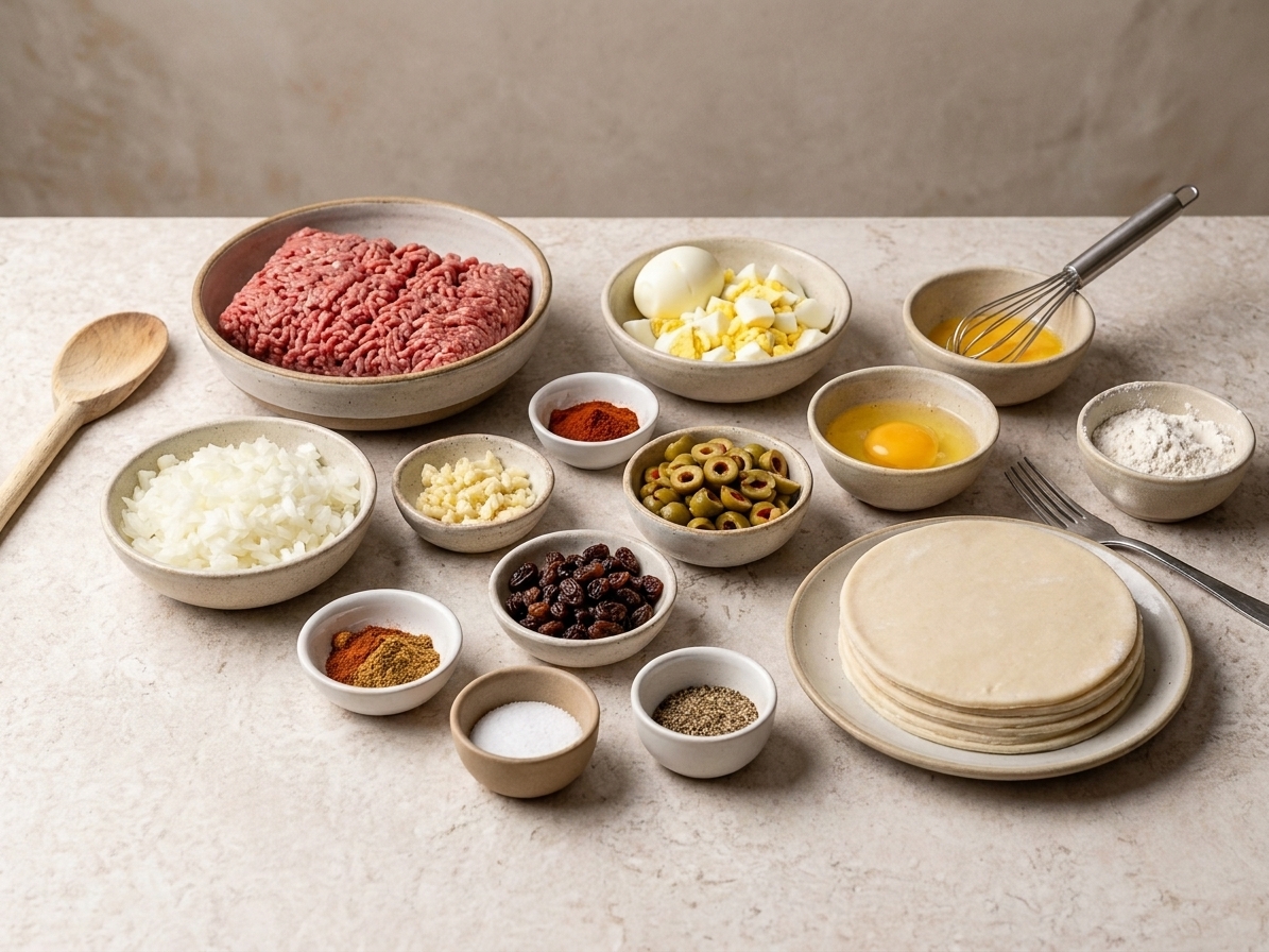 Measured empanada ingredients arranged on a clean kitchen counter, including ground beef, onion, garlic, spices, olives, raisins, eggs, and empanada dough discs