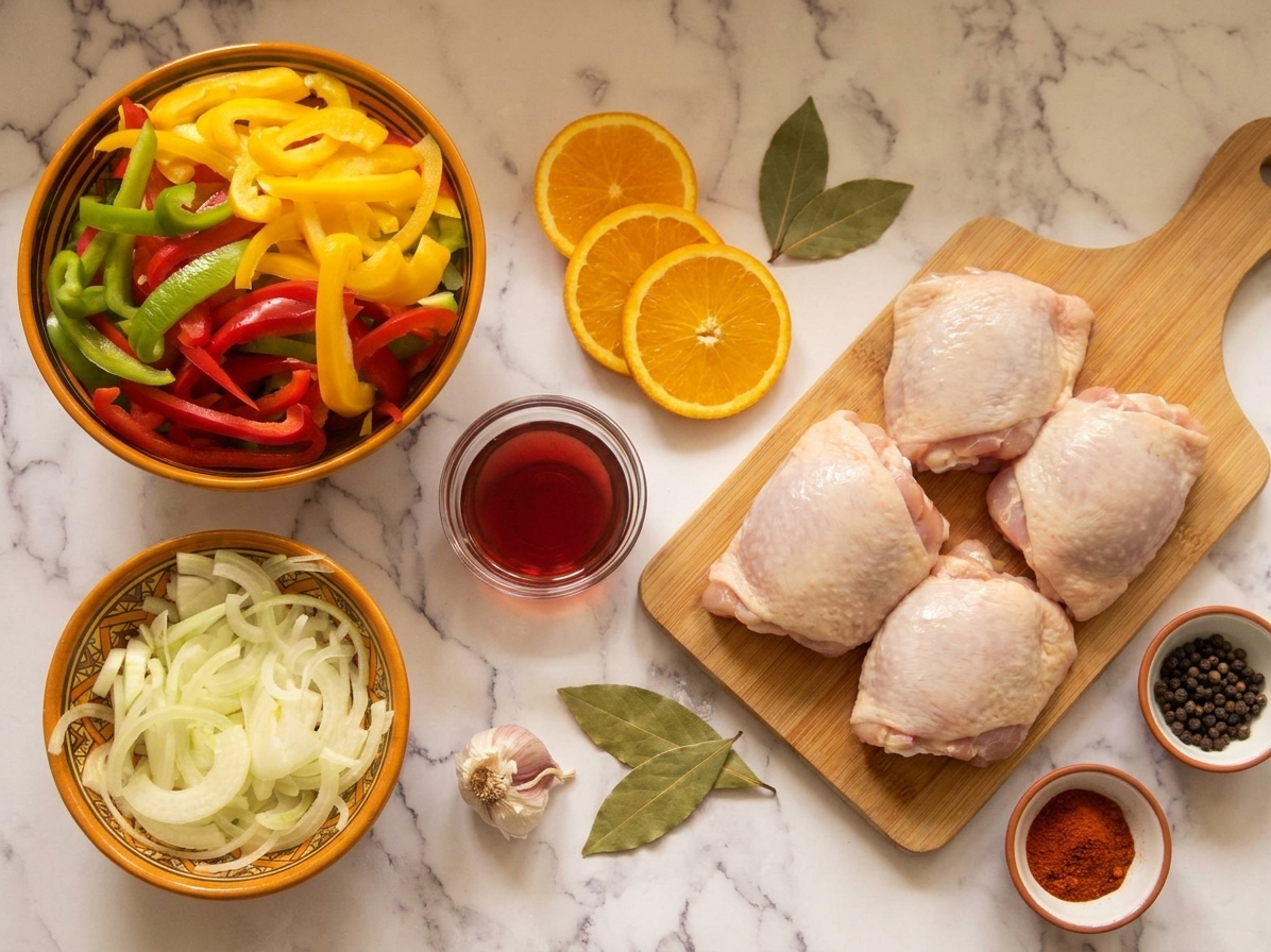 Measured escabeche ingredients on a kitchen counter including chicken thighs, sliced onion, sliced bell pepper, garlic, vinegar, orange, bay leaves, and small bowls of spices