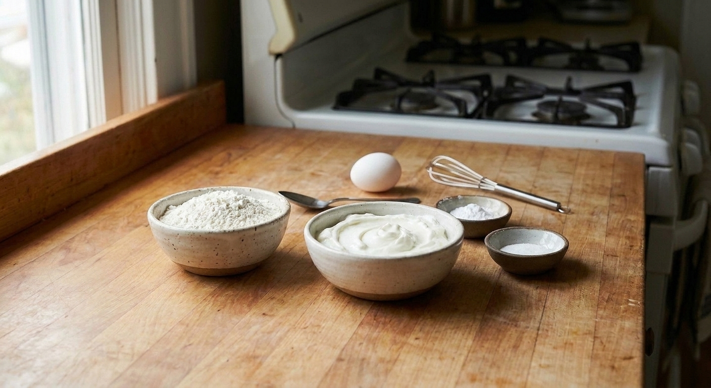 Measured flour, a bowl of thick Greek yogurt, baking powder, salt, and an egg on a clean kitchen counter ready for making bagels