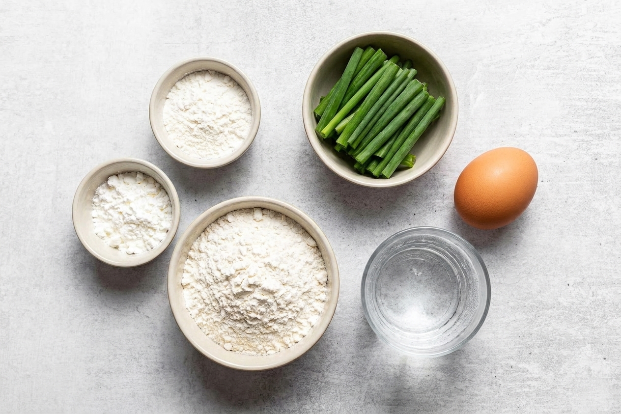 Measured flour and cornstarch in bowls with scallions, an egg, and a glass of cold water arranged on a kitchen counter