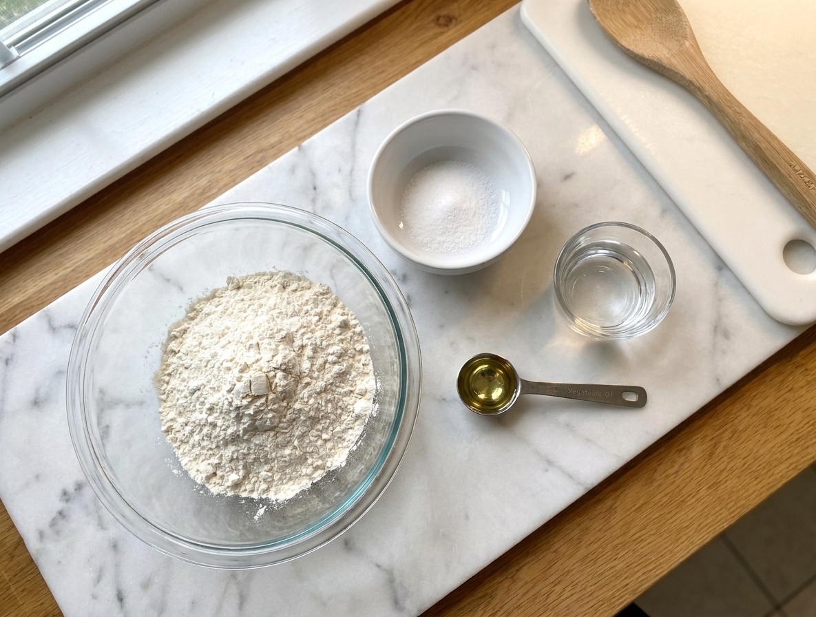 Measured flour and fine salt in separate bowls with a small cup of water and a tablespoon of oil on a clean kitchen counter