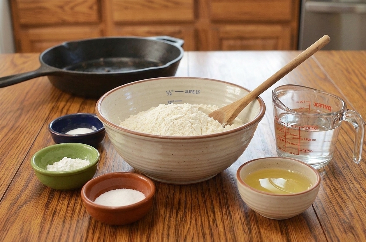 Measured flour, baking powder, salt, warm water, and a small bowl of oil on a bright kitchen counter ready for making fry bread