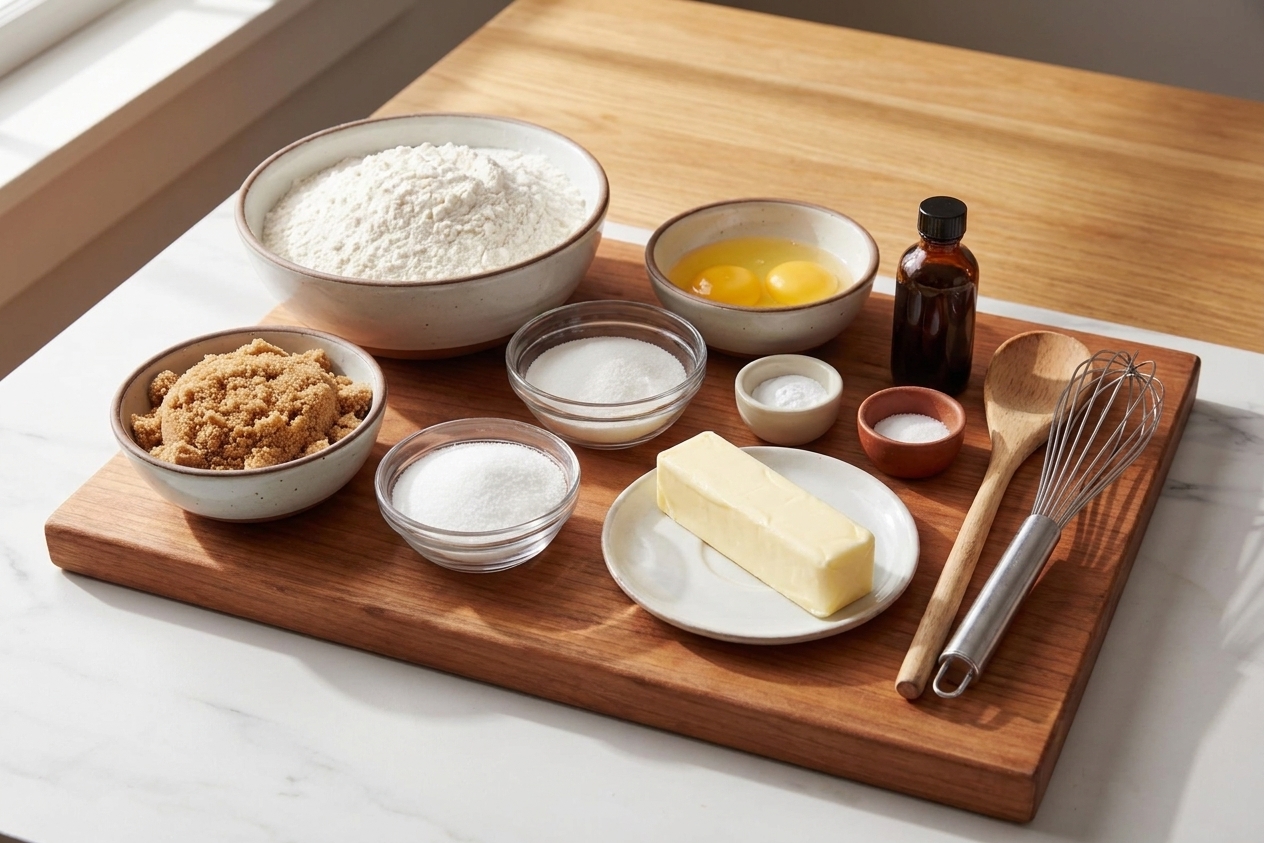 Measured flour, brown sugar, white sugar, butter, eggs, vanilla, baking soda, and salt arranged on a warm-toned kitchen counter