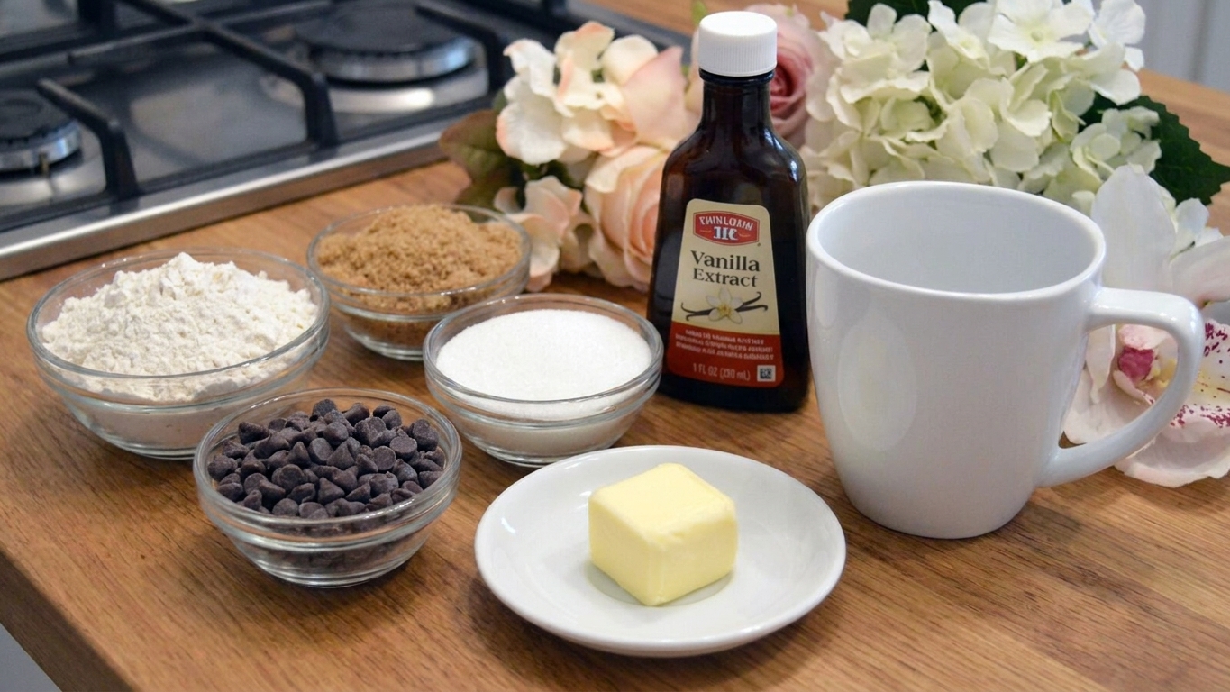 Measured flour, brown sugar, white sugar, chocolate chips, butter, and vanilla on a kitchen counter next to a microwave-safe mug