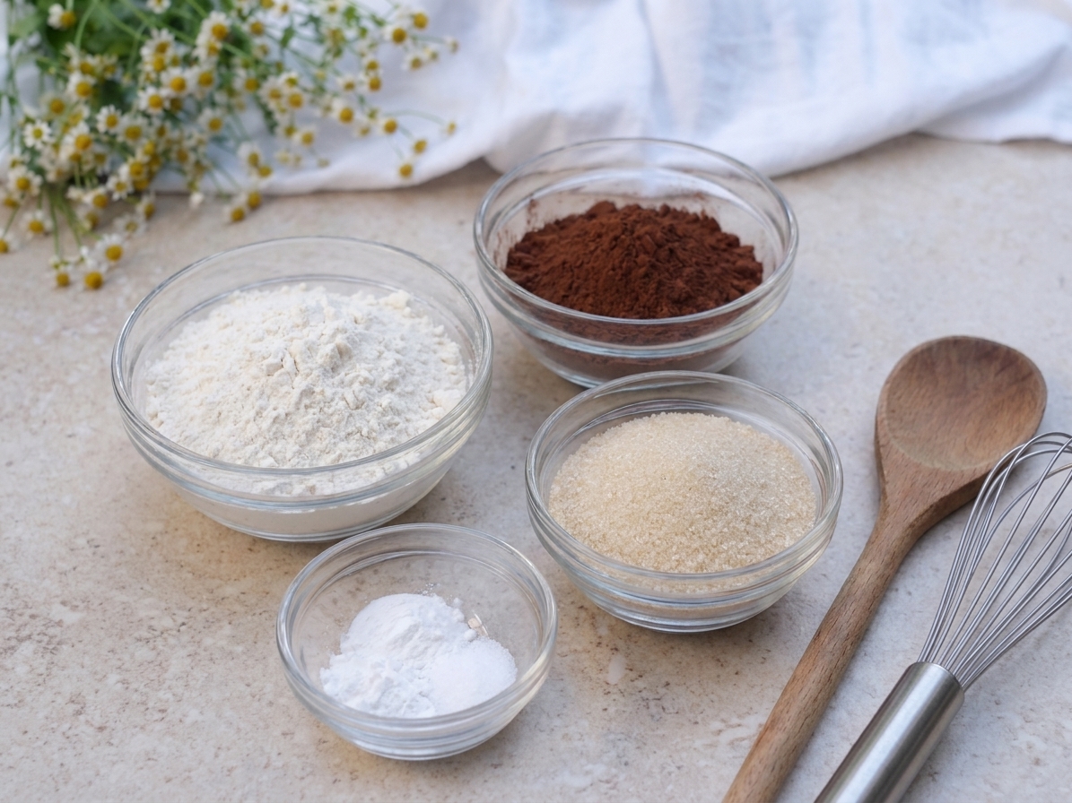 Measured flour, cocoa powder, sugar, and leaveners in small glass bowls arranged on a light-colored kitchen counter