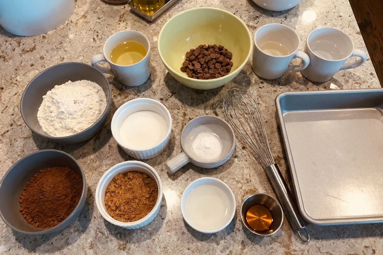 Measured flour, cocoa powder, sugar, baking soda, salt, vinegar, vanilla, oil, and water arranged on a clean kitchen counter with a metal whisk and an 8x8 baking pan nearby, consistent warm kitchen lighting
