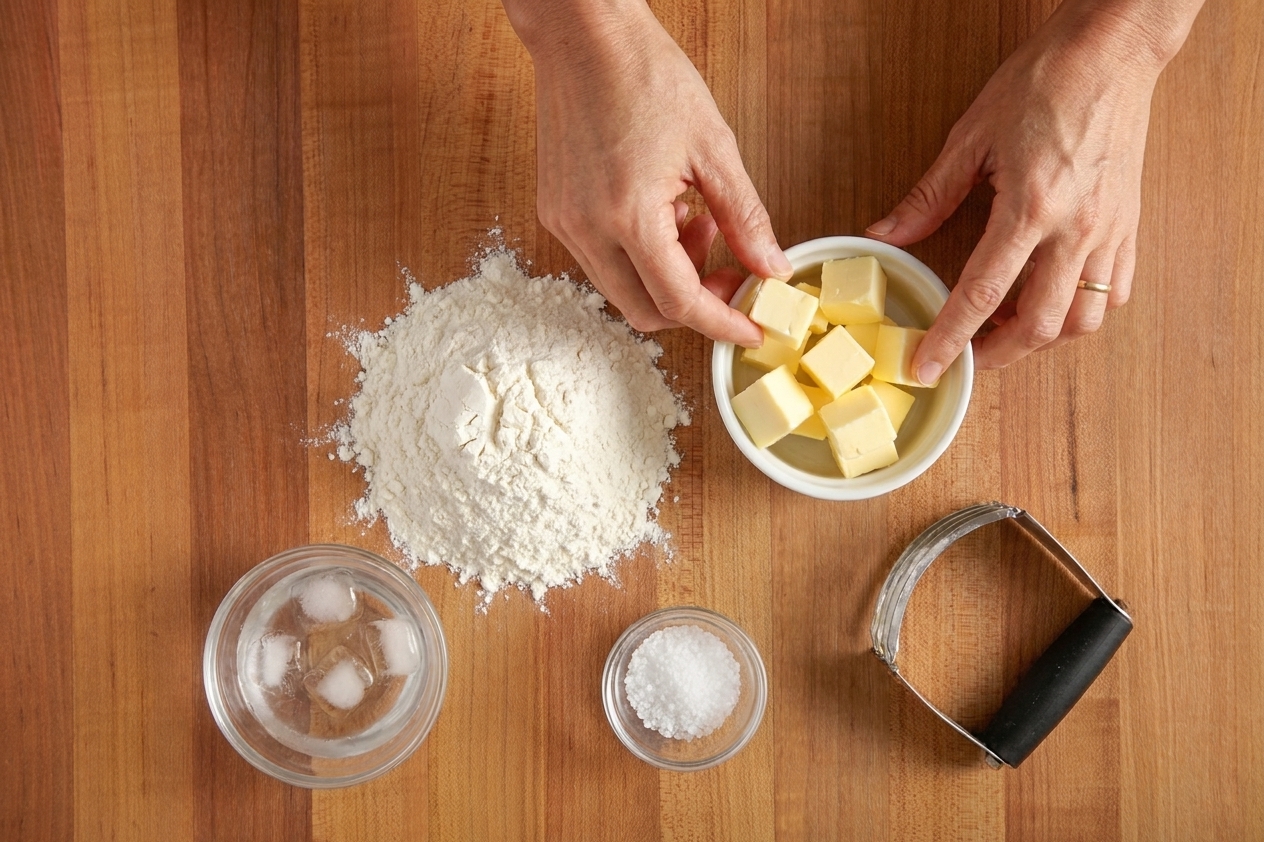 Measured flour, cold butter cubes, salt, and a small bowl of ice water arranged on a clean kitchen counter