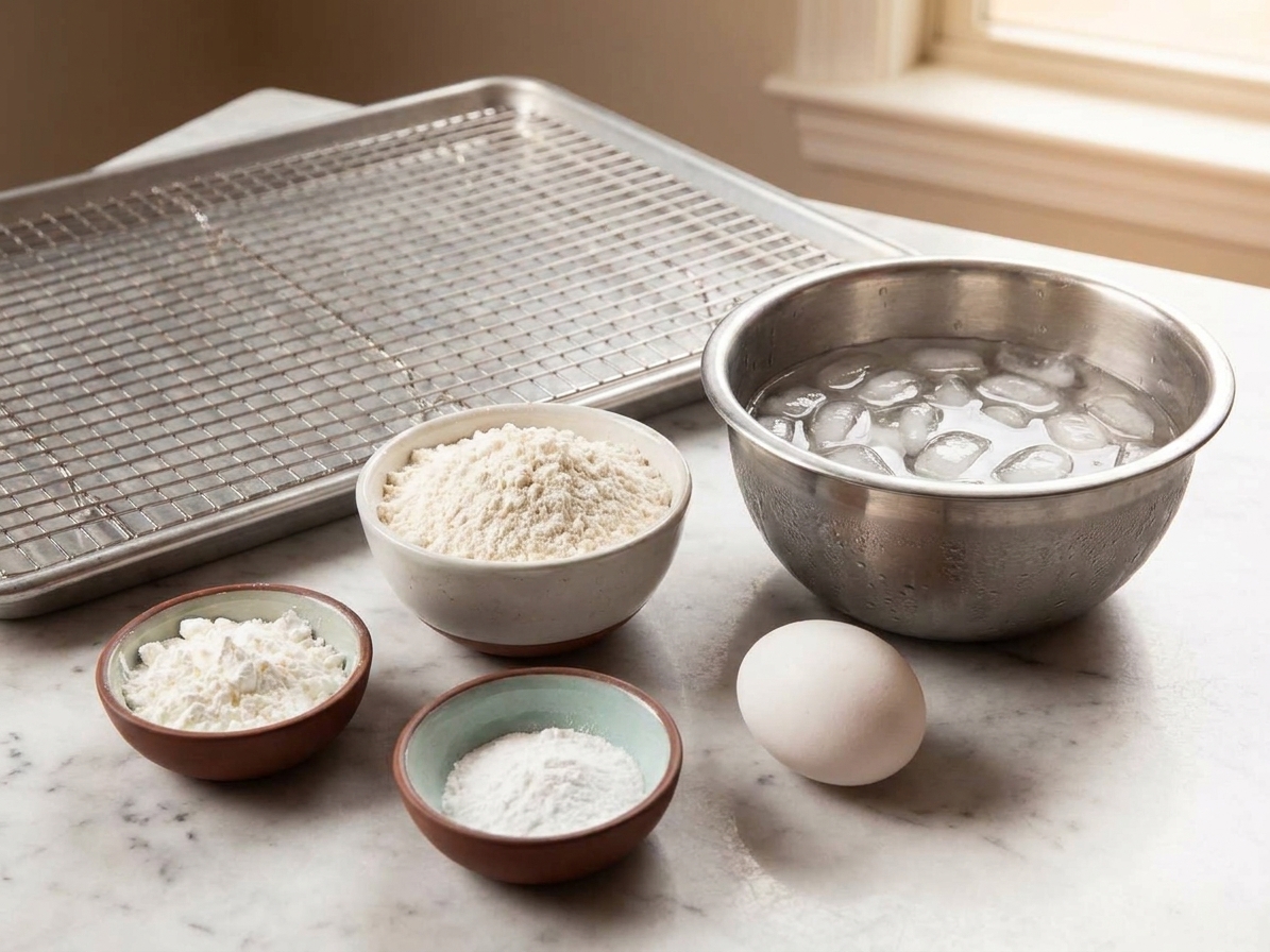Measured flour, cornstarch, baking powder, an egg, and a bowl of ice water arranged on a clean kitchen counter