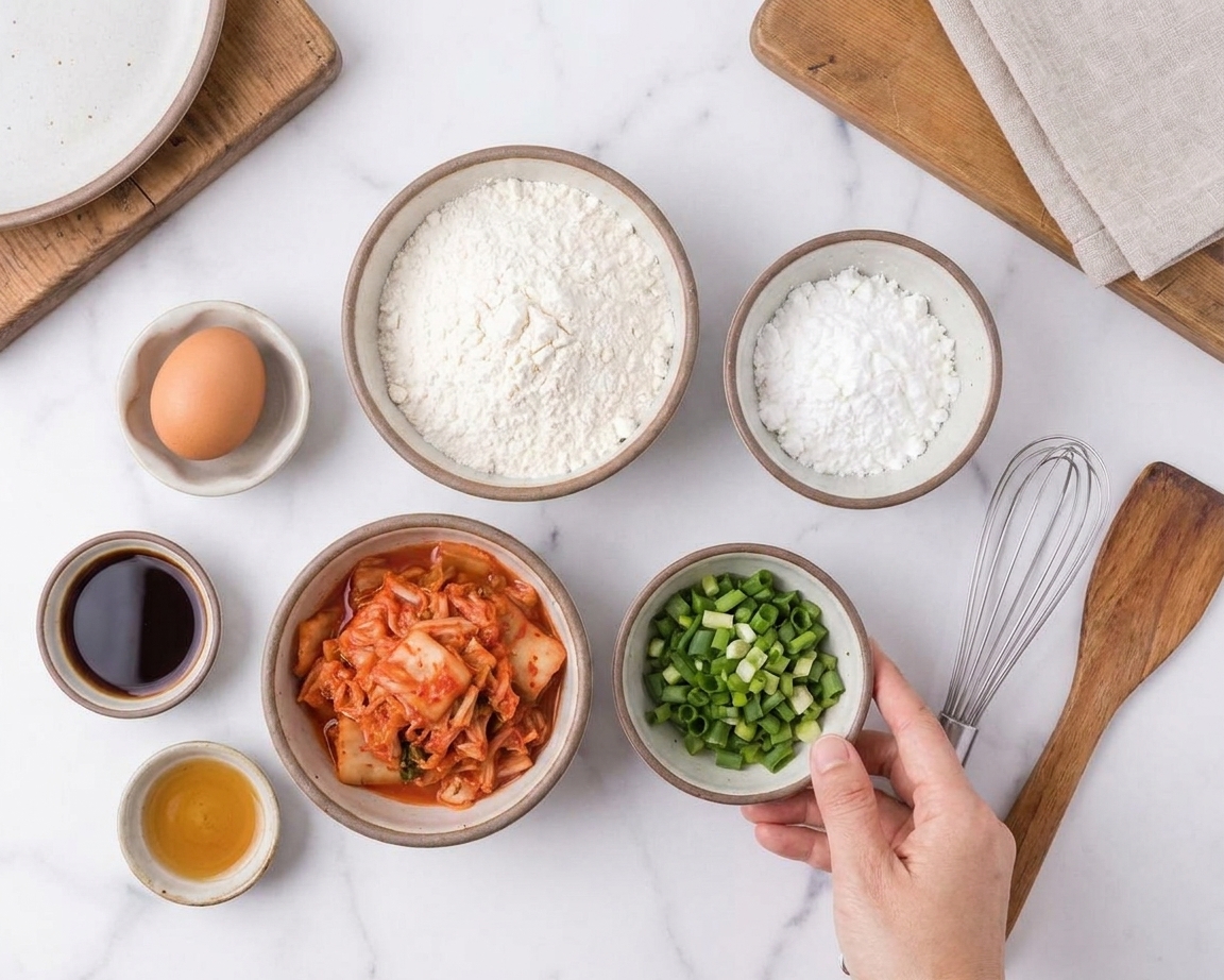 Measured flour, cornstarch, chopped kimchi, scallions, egg, and small bowls of soy sauce and sesame oil arranged on a bright kitchen counter