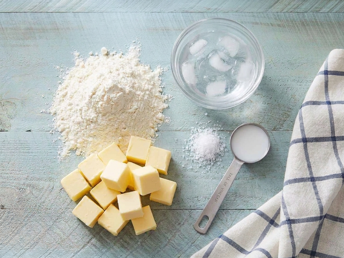 Measured flour, cubed cold butter, a small bowl of ice water, salt, and a tablespoon measure of vinegar arranged on a kitchen counter