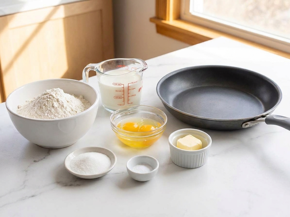 Measured flour, eggs, milk, butter, sugar, and salt arranged on a light kitchen counter next to a nonstick skillet