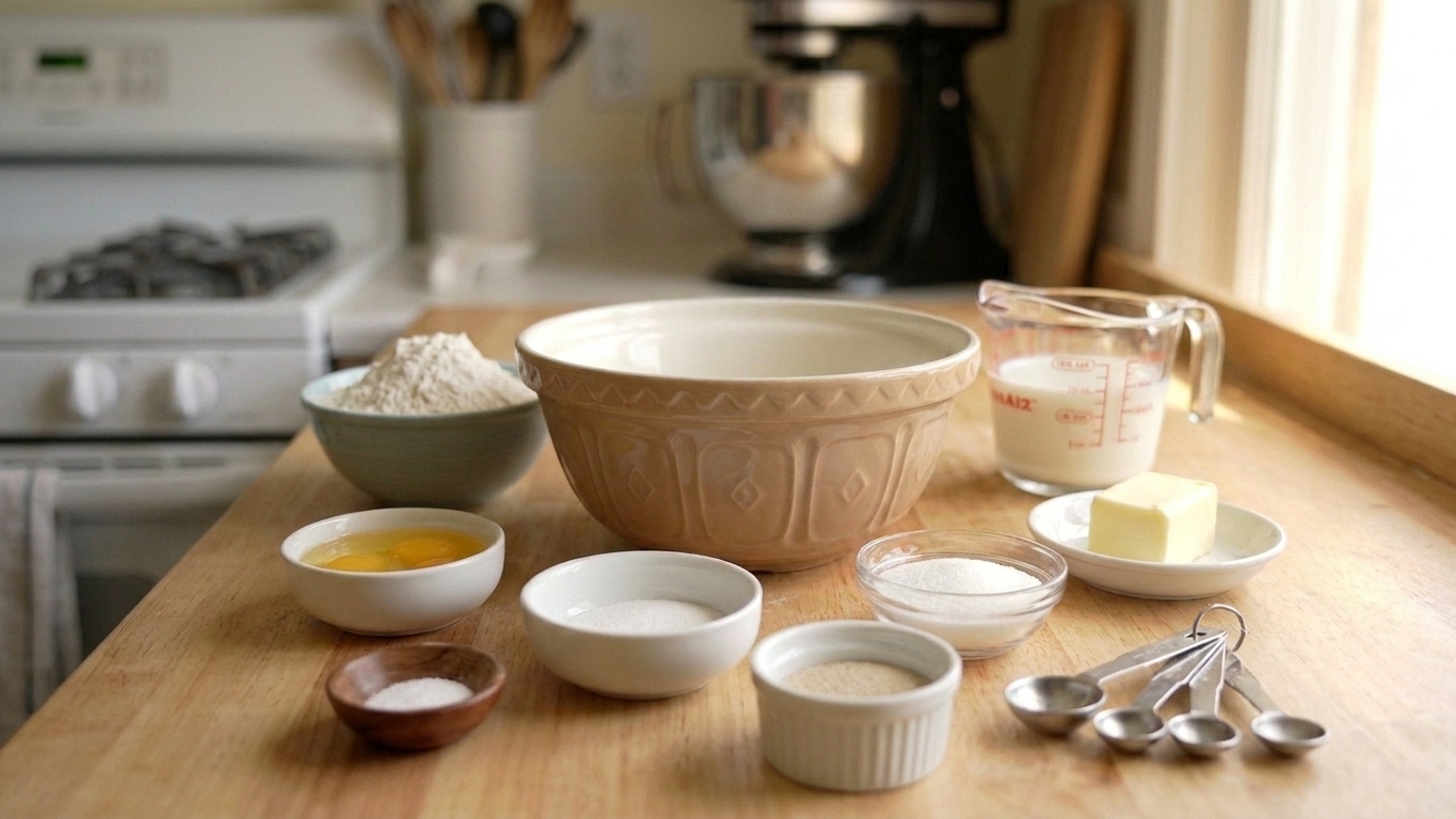 Measured flour, eggs, milk, butter, sugar, yeast, and salt arranged on a clean kitchen counter with a mixing bowl and measuring spoons