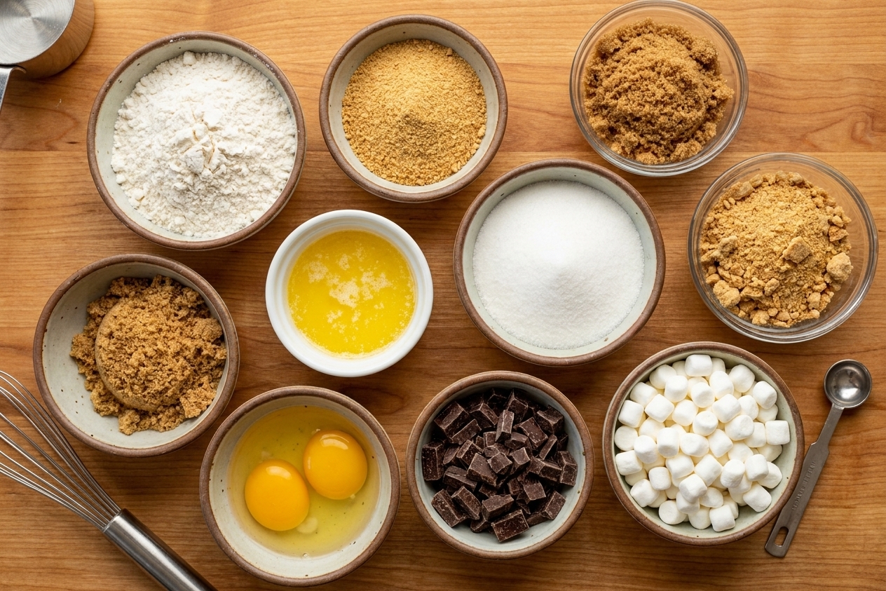 Measured flour, graham cracker crumbs, sugars, melted butter, eggs, chopped chocolate, and mini marshmallows arranged on a kitchen counter in small bowls