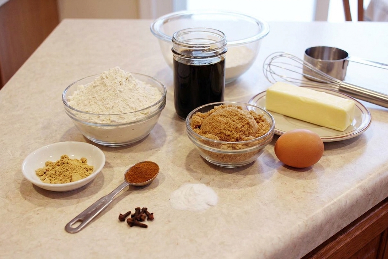 Measured flour, ground ginger, cinnamon, cloves, baking soda, brown sugar, molasses, butter, and an egg arranged on a tidy kitchen counter