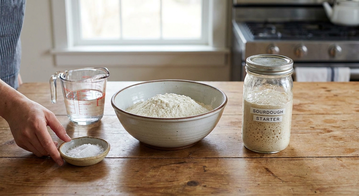 Measured flour in a bowl, a jar of active sourdough starter, salt in a small dish, and a container of water arranged on a bright kitchen counter