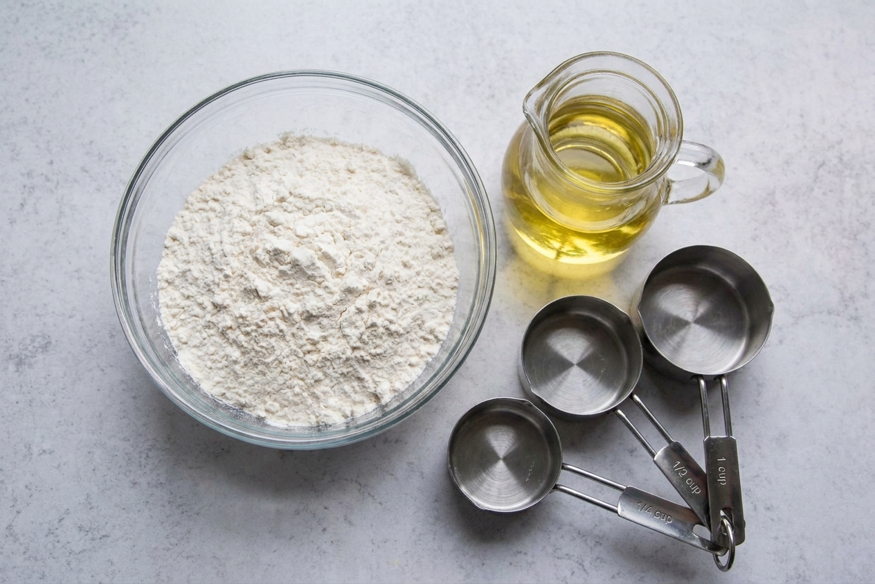 Measured flour in a bowl next to a small pitcher of vegetable oil on a clean kitchen counter with measuring cups