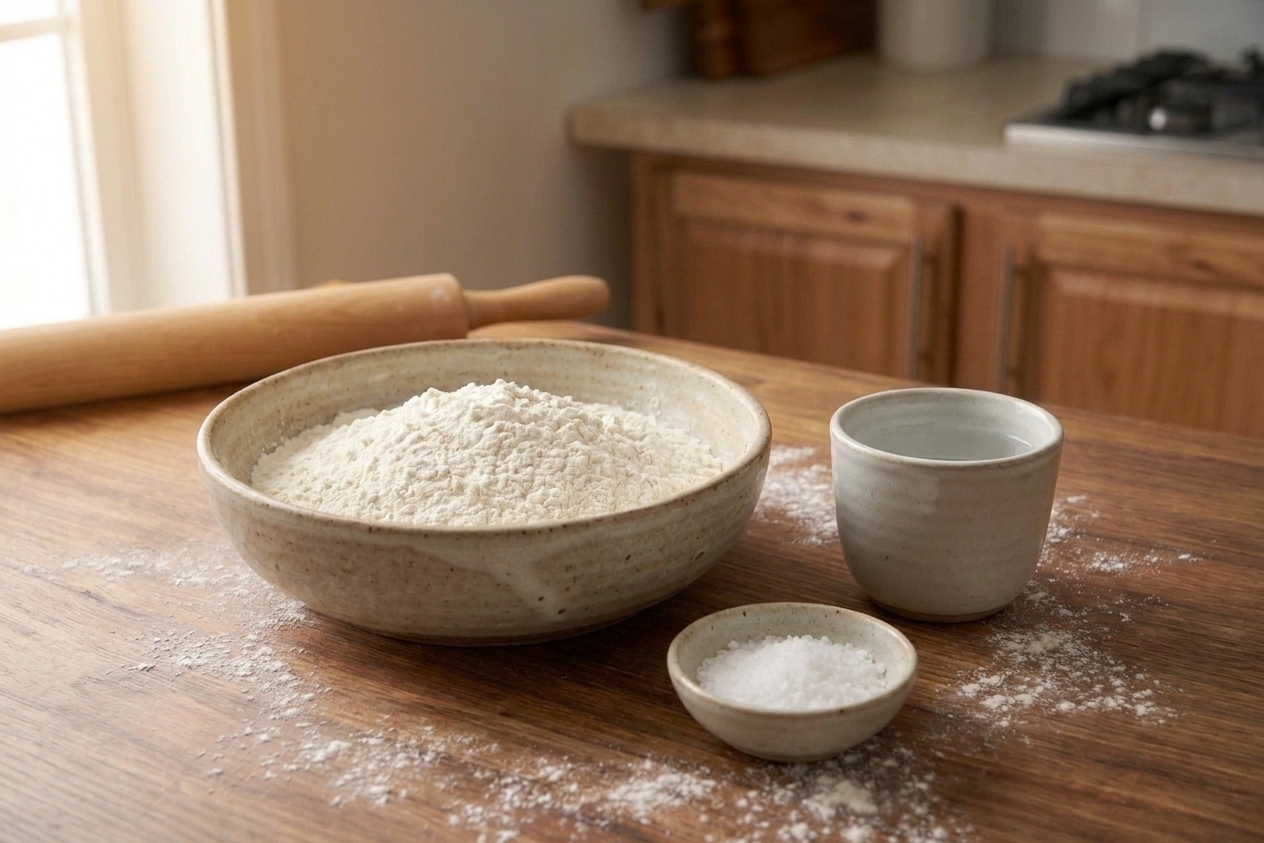 Measured flour in a bowl with a small dish of salt and a cup of water on a clean kitchen counter, ready for baking