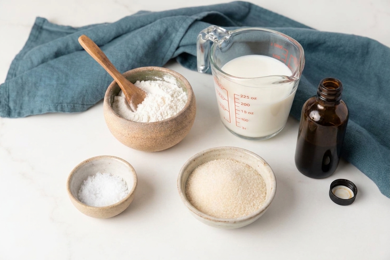 Measured flour in a small bowl, milk in a measuring cup, vanilla extract, sugar, and salt arranged on a tidy kitchen counter