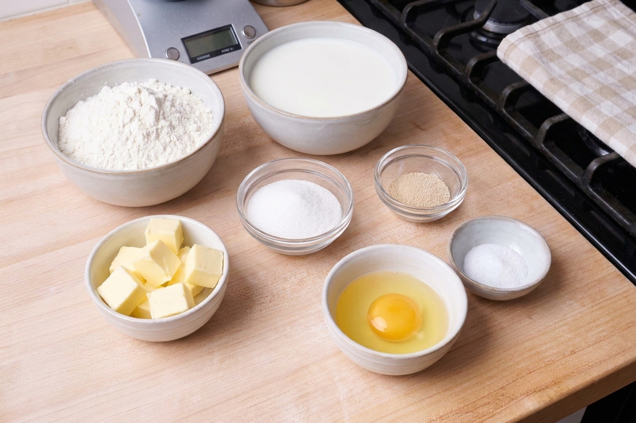 Measured flour, milk, sugar, yeast, butter, egg, and salt arranged in small bowls in a tidy home kitchen prep area