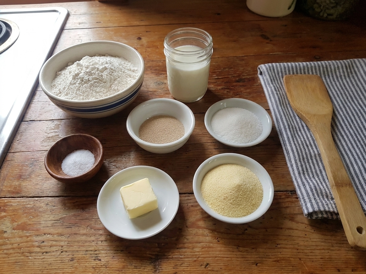 Measured flour, milk, yeast, sugar, salt, butter, and semolina on a kitchen counter ready to make griddled muffins