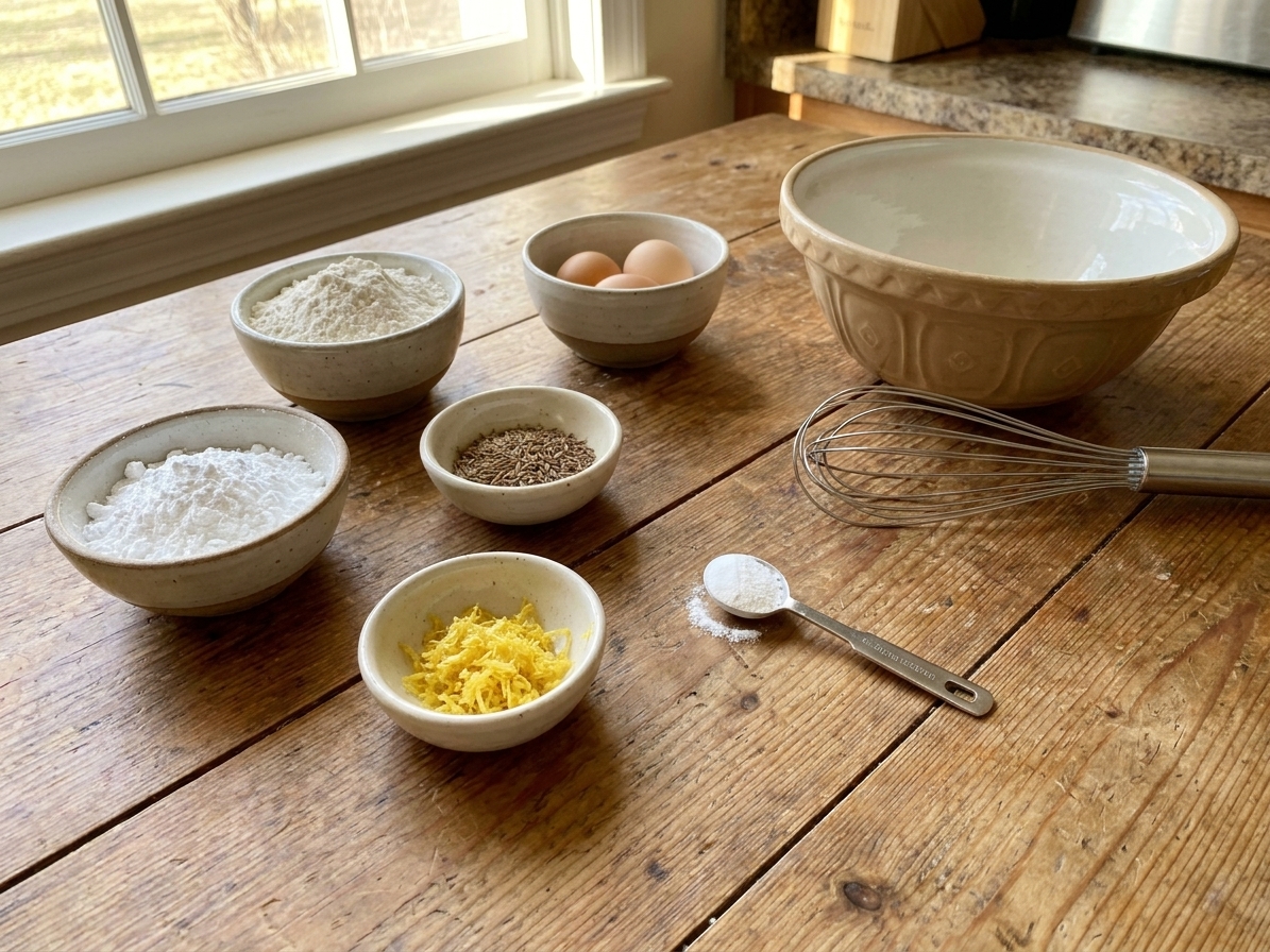 Measured flour, powdered sugar, eggs, anise seeds, lemon zest, and baking powder set out on a bright kitchen counter with mixing bowls and a whisk