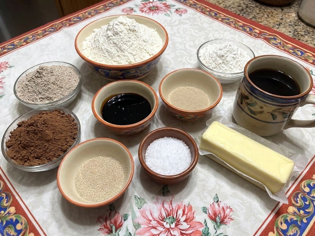 Measured flour, rye flour, cocoa powder, molasses, yeast, salt, butter, and a mug of coffee arranged on a kitchen counter