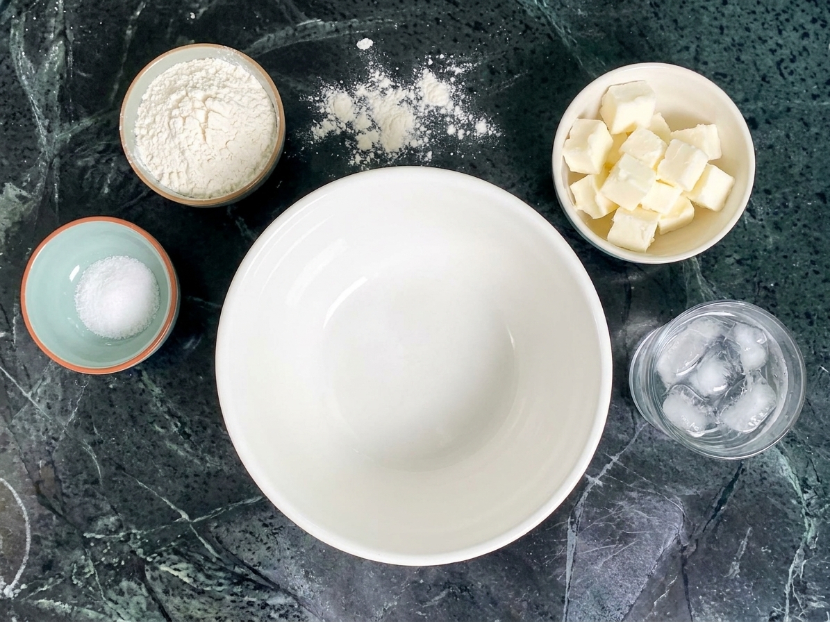 Measured flour, salt, cold vegetable shortening, ice water, and a mixing bowl arranged on a bright kitchen counter