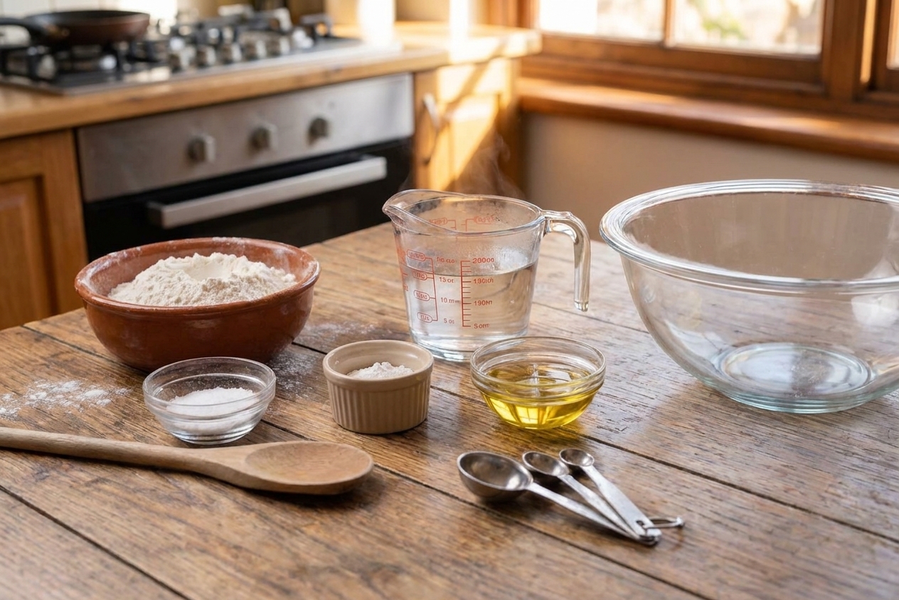 Measured flour, salt, cream of tartar, vegetable oil, and warm water arranged on a clean kitchen counter with mixing bowls and measuring spoons.