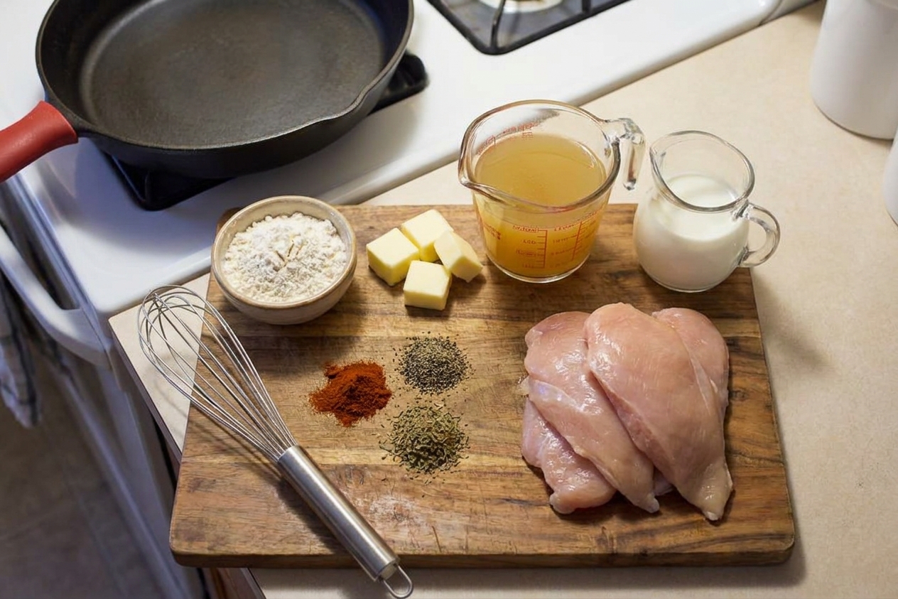 Measured flour, spices, butter, chicken broth, milk, and raw chicken cutlets arranged on a wooden cutting board and kitchen counter
