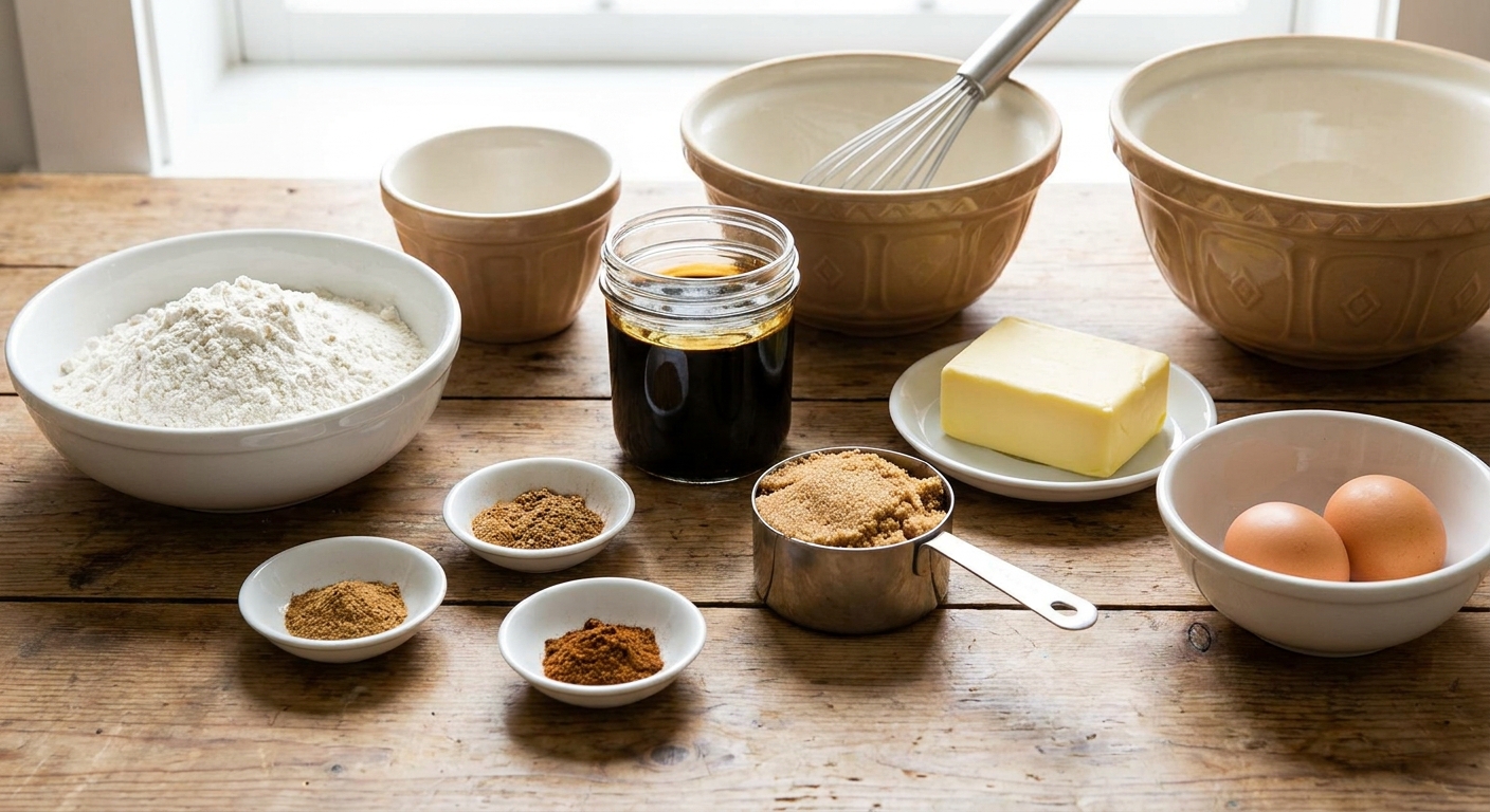 Measured flour, spices, molasses, brown sugar, butter, and eggs arranged on a bright kitchen counter with mixing bowls