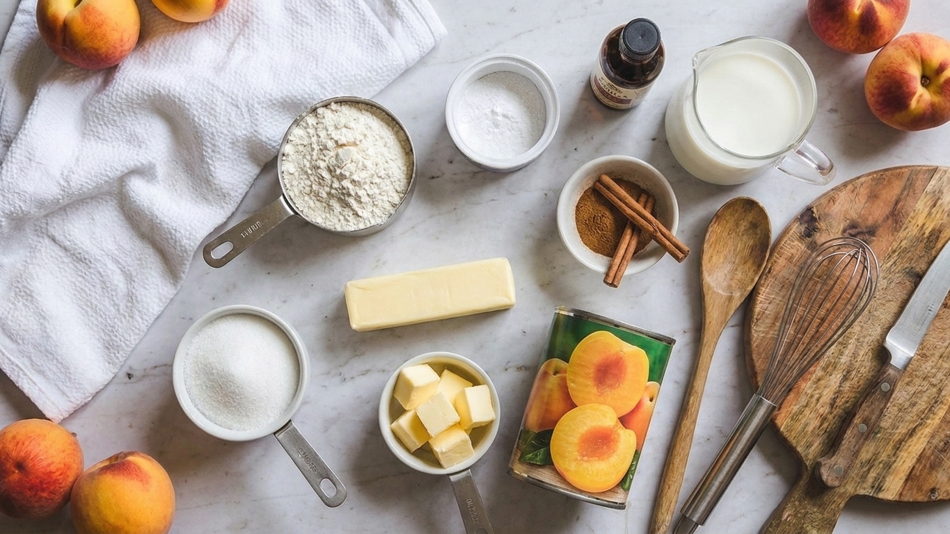 Measured flour, sugar, baking powder, butter, milk, vanilla, cinnamon, salt, and two cans of peaches arranged on a kitchen counter