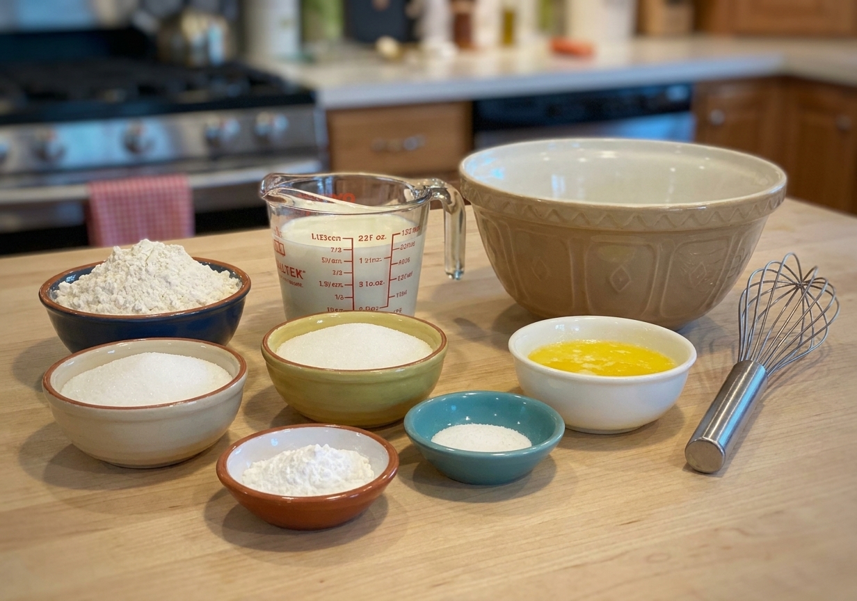 Measured flour, sugar, baking powder, salt, milk, and melted butter arranged on a clean kitchen counter with a mixing bowl and whisk