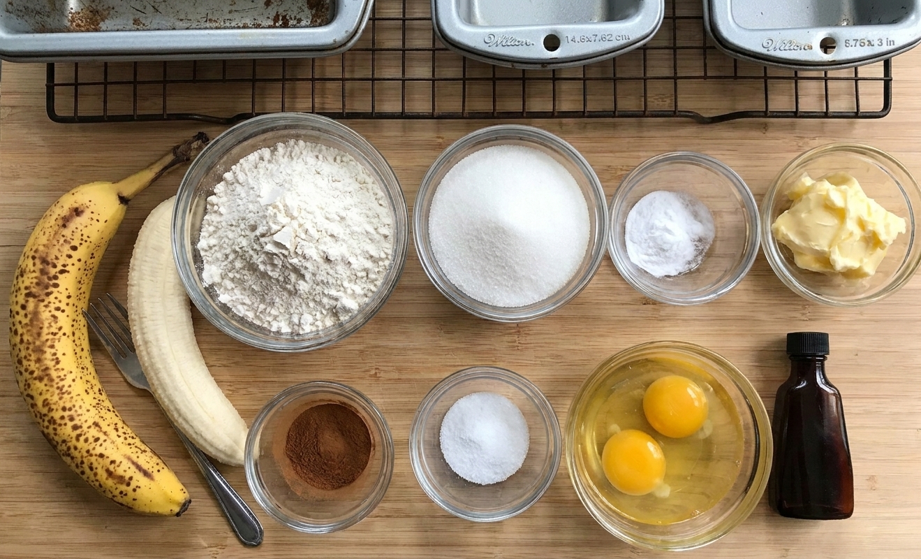 Measured flour, sugar, baking soda, cinnamon, salt, butter, eggs, vanilla, and two ripe bananas arranged on a tidy kitchen counter