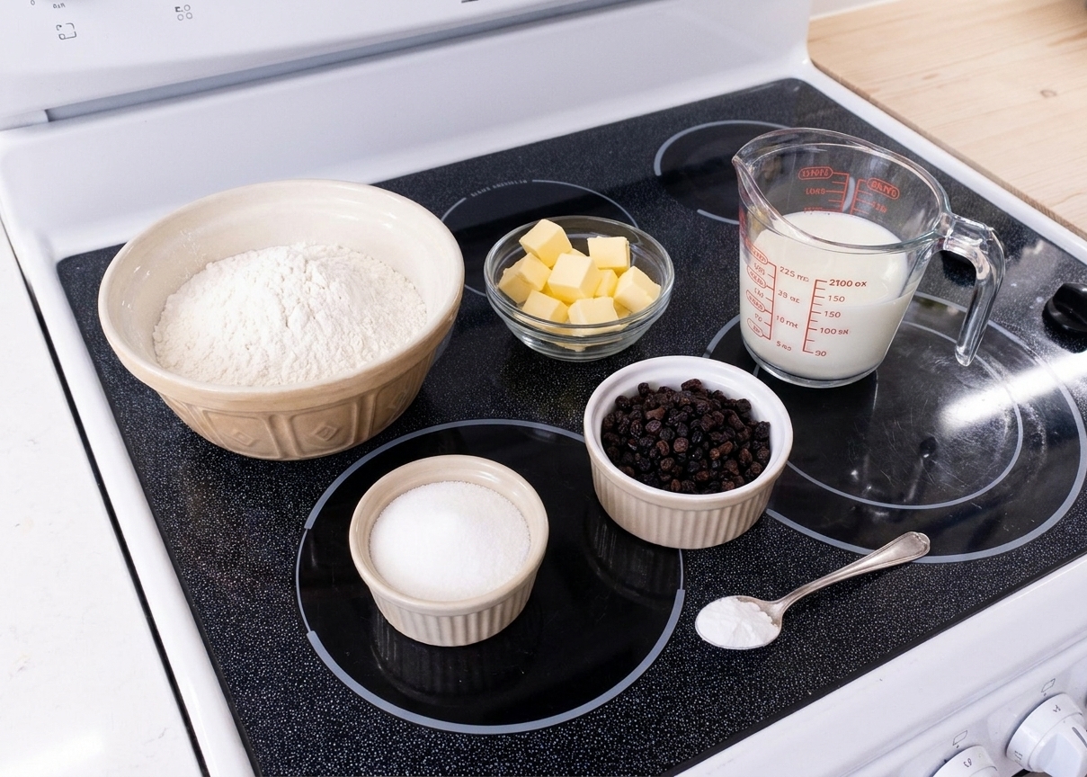 Measured flour, sugar, butter, currants, milk, and baking powder arranged on a clean kitchen counter, ready for making steamed pudding