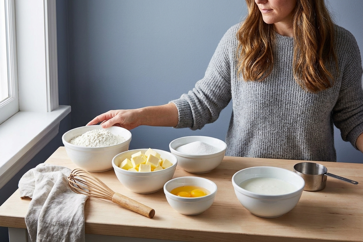 Measured flour, sugar, butter, eggs, and buttermilk in bowls on a tidy kitchen counter ready for mixing
