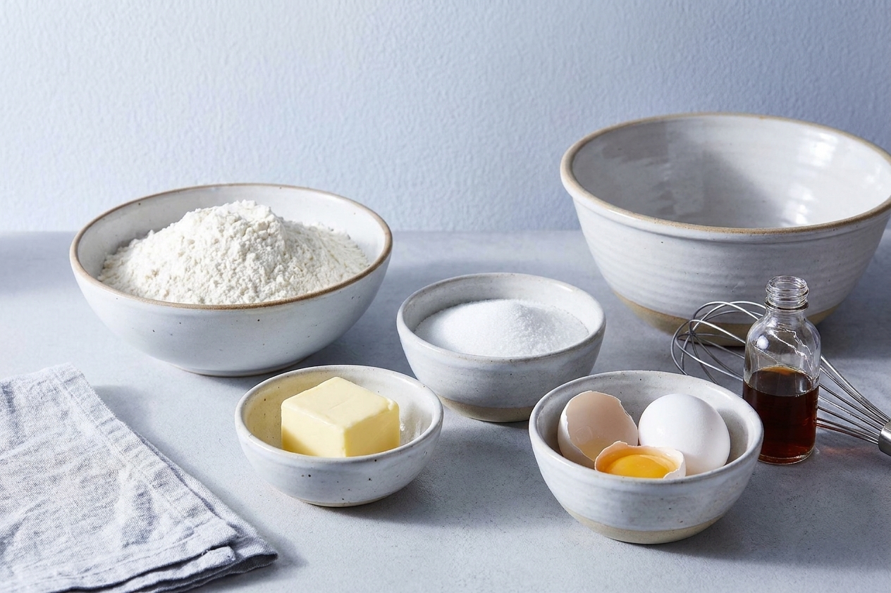 Measured flour, sugar, butter, eggs, and vanilla on a tidy kitchen counter with mixing bowls and a whisk