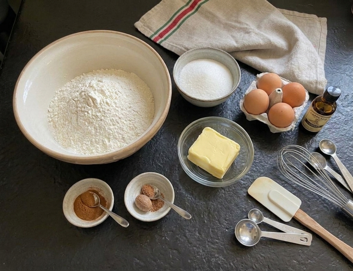 Measured flour, sugar, butter, eggs, vanilla, and small bowls of cinnamon and nutmeg on a bright kitchen counter ready for Christmas biscuit dough
