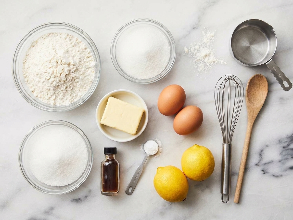 Measured flour, sugar, butter, eggs, vanilla, baking powder, and lemons arranged on a light kitchen counter, ready for baking