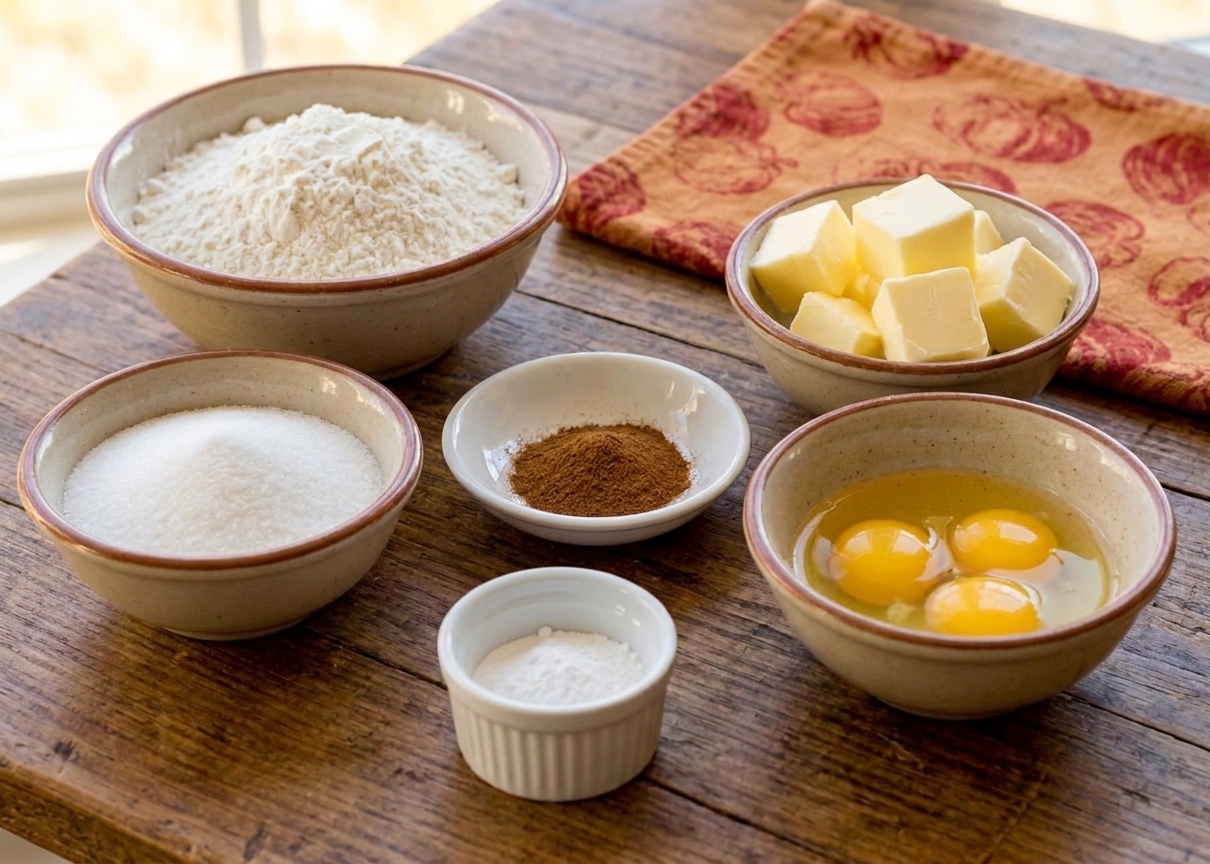 Measured flour, sugar, cinnamon, butter, eggs, and baking powder arranged on a clean kitchen counter ready for baking