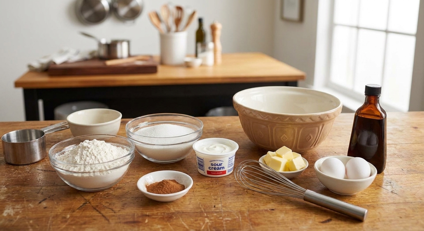 Measured flour, sugar, cinnamon, butter, sour cream, eggs, and vanilla arranged on a warm-toned kitchen counter with mixing bowls nearby
