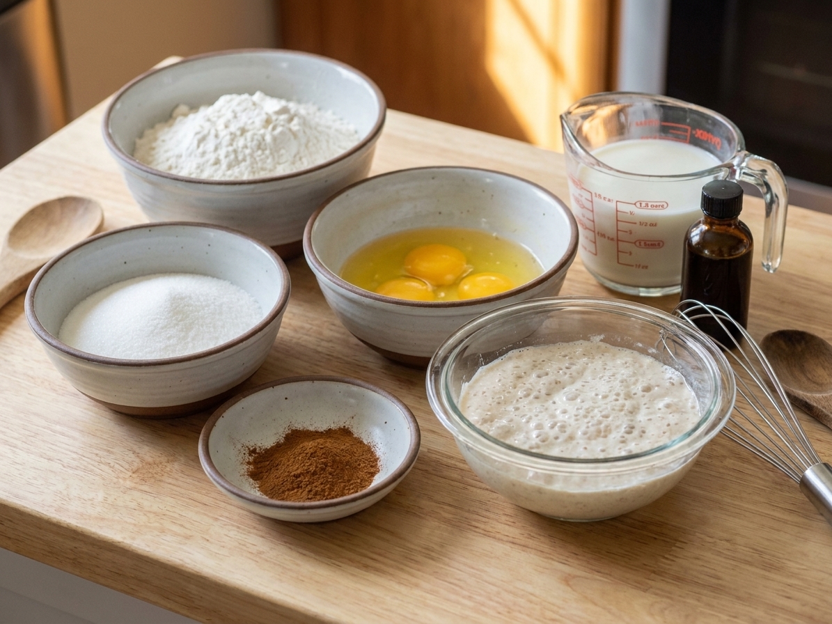 Measured flour, sugar, cinnamon, eggs, milk, oil, vanilla, and a bowl of bubbly starter arranged on a bright kitchen counter