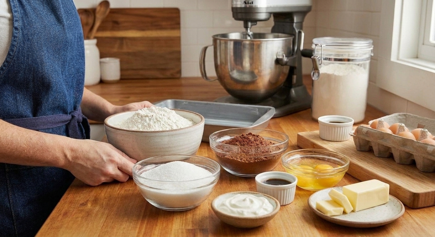 Measured flour, sugar, cocoa powder, eggs, butter, sour cream, and vanilla arranged on a bright kitchen counter with a 9x13 pan nearby