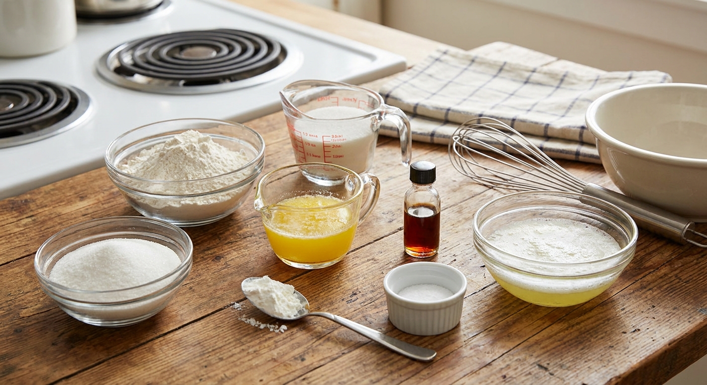 Measured flour, sugar, melted butter, cornstarch, vanilla, salt, and egg whites arranged and ready to mix for waffle cone batter