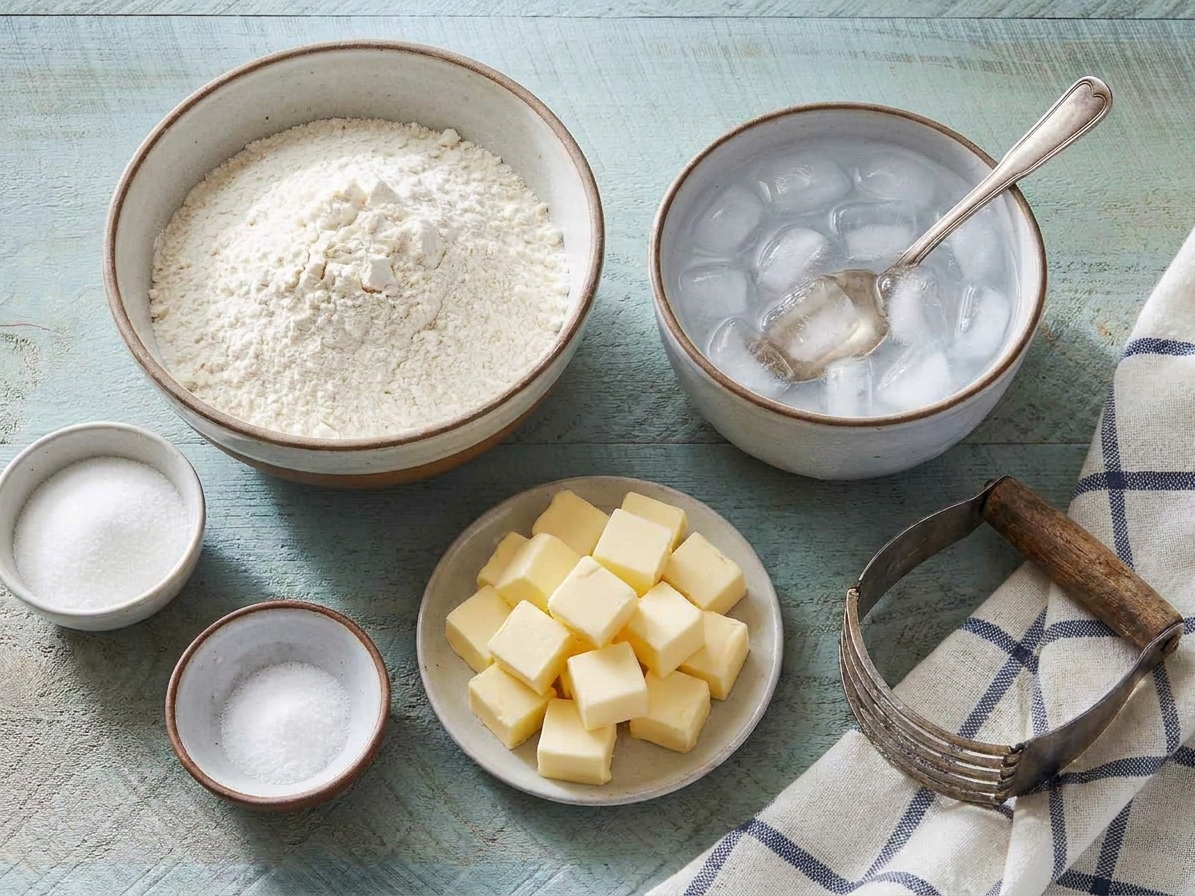 Measured flour, sugar, salt, cubed cold butter, and a small bowl of ice water arranged on a clean kitchen countertop