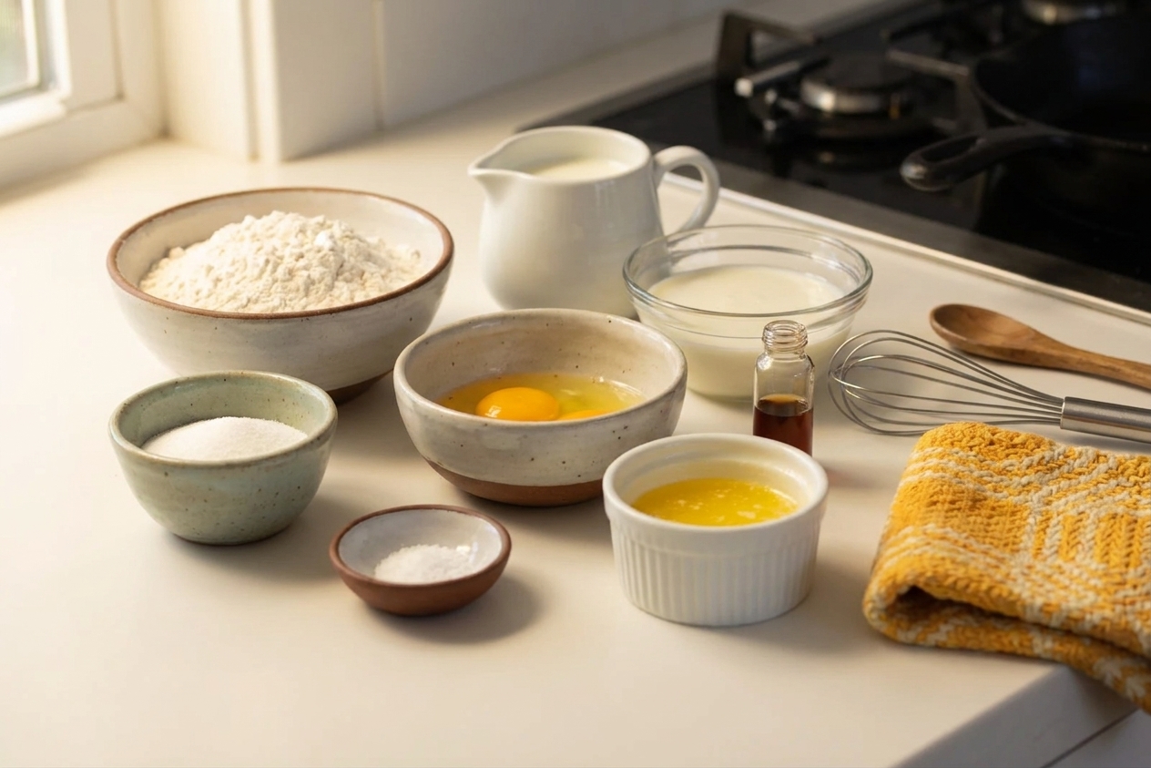 Measured flour, sugar, salt, eggs, milk, melted butter, and vanilla arranged on a kitchen counter in small bowls