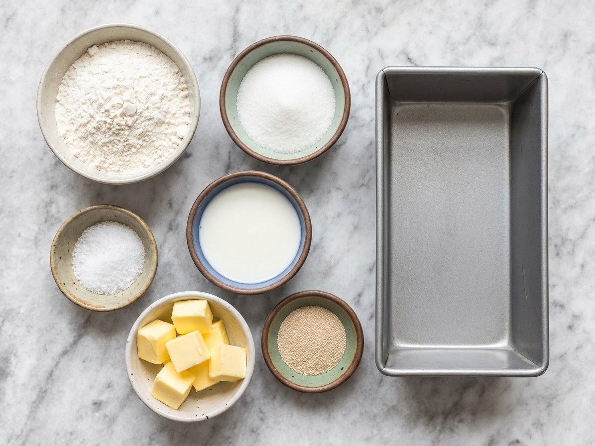 Measured flour, sugar, salt, milk, butter, and yeast arranged in small bowls on a kitchen counter next to a bread pan