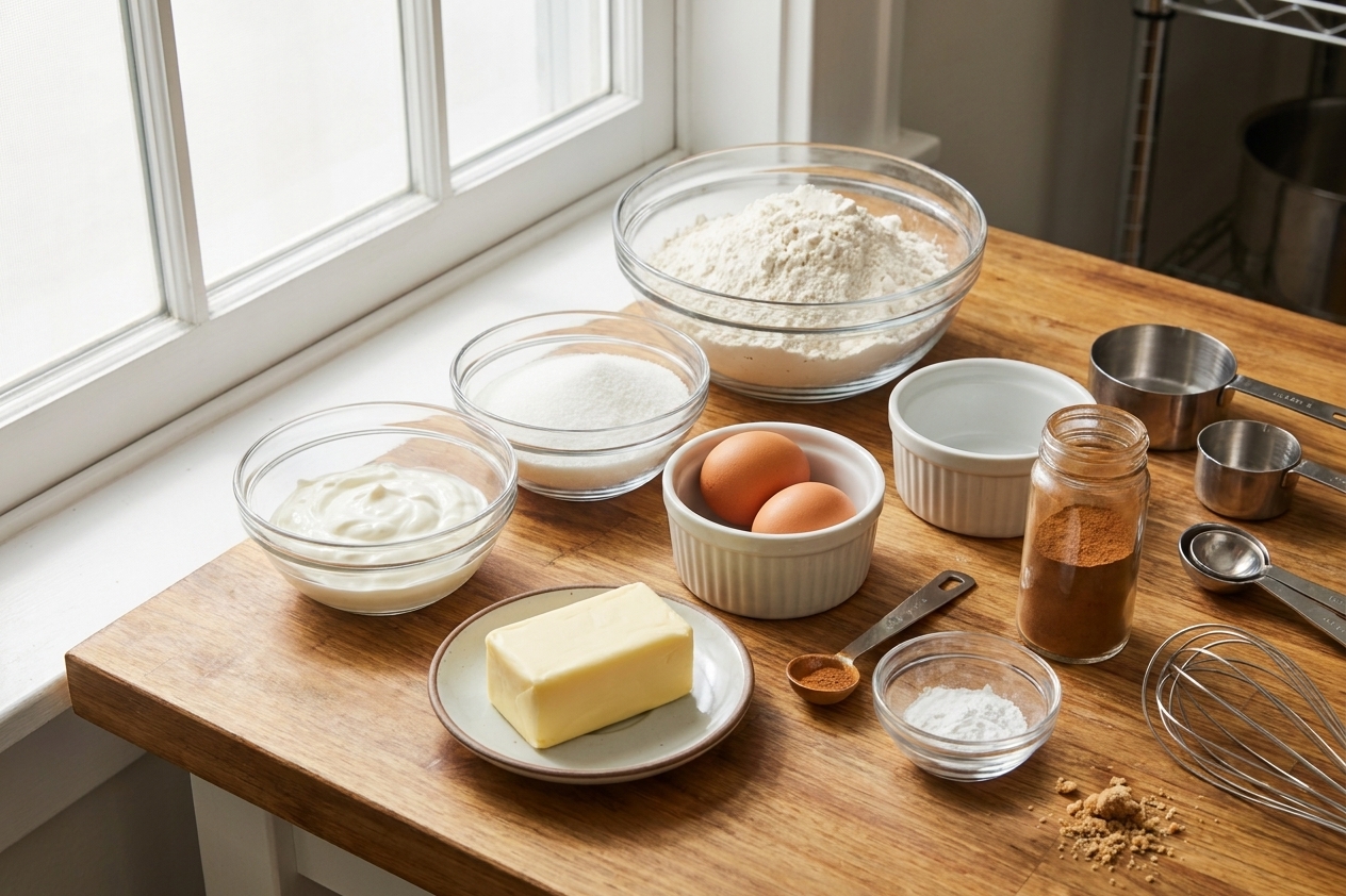 Measured flour, sugar, sour cream, eggs, butter, cinnamon, and baking powder arranged on a bright home kitchen countertop