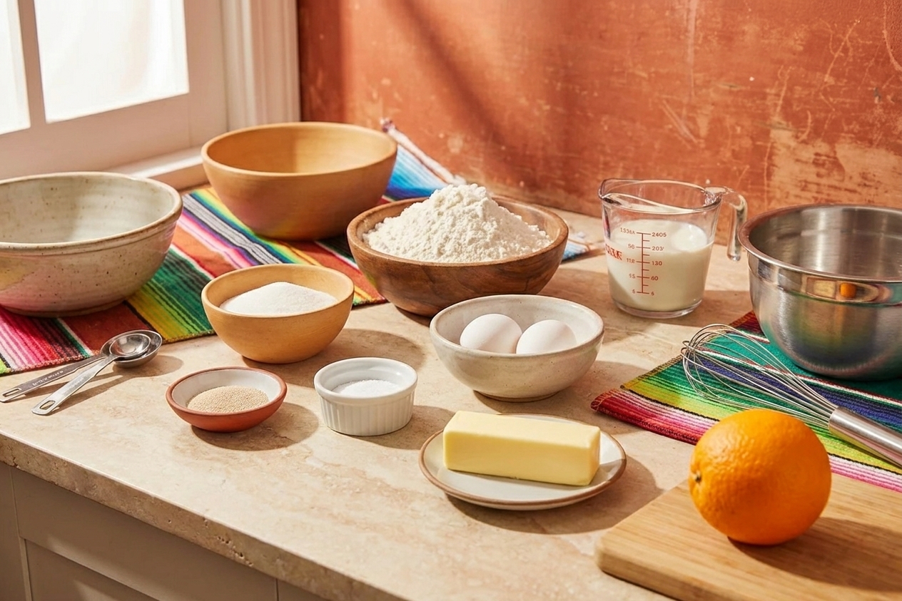 Measured flour, sugar, yeast, eggs, butter, milk, orange, and salt arranged on a light stone kitchen counter with mixing bowls and measuring spoons