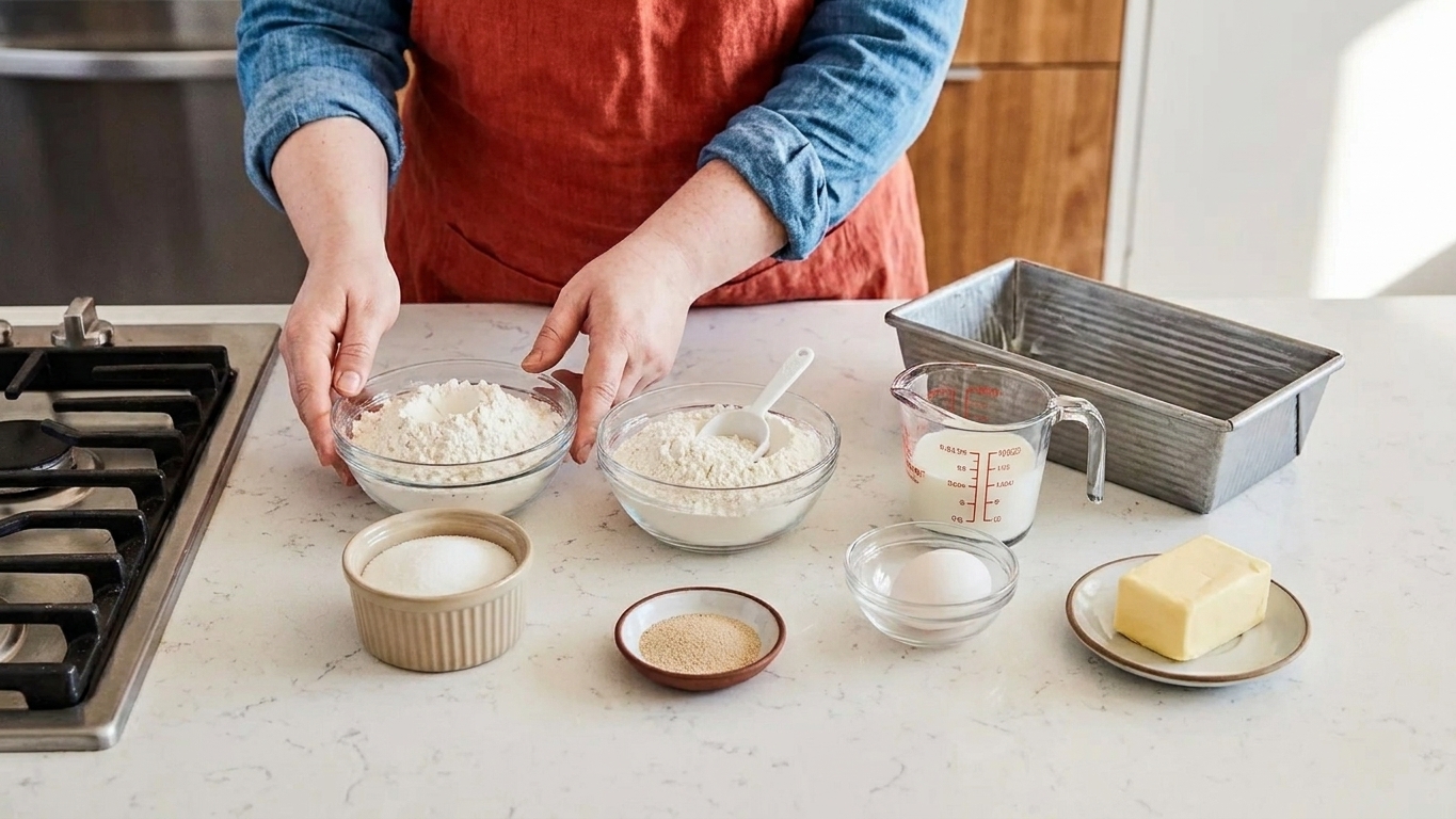 Measured flour, sugar, yeast, milk, egg, and butter arranged on a clean kitchen counter with a loaf pan nearby