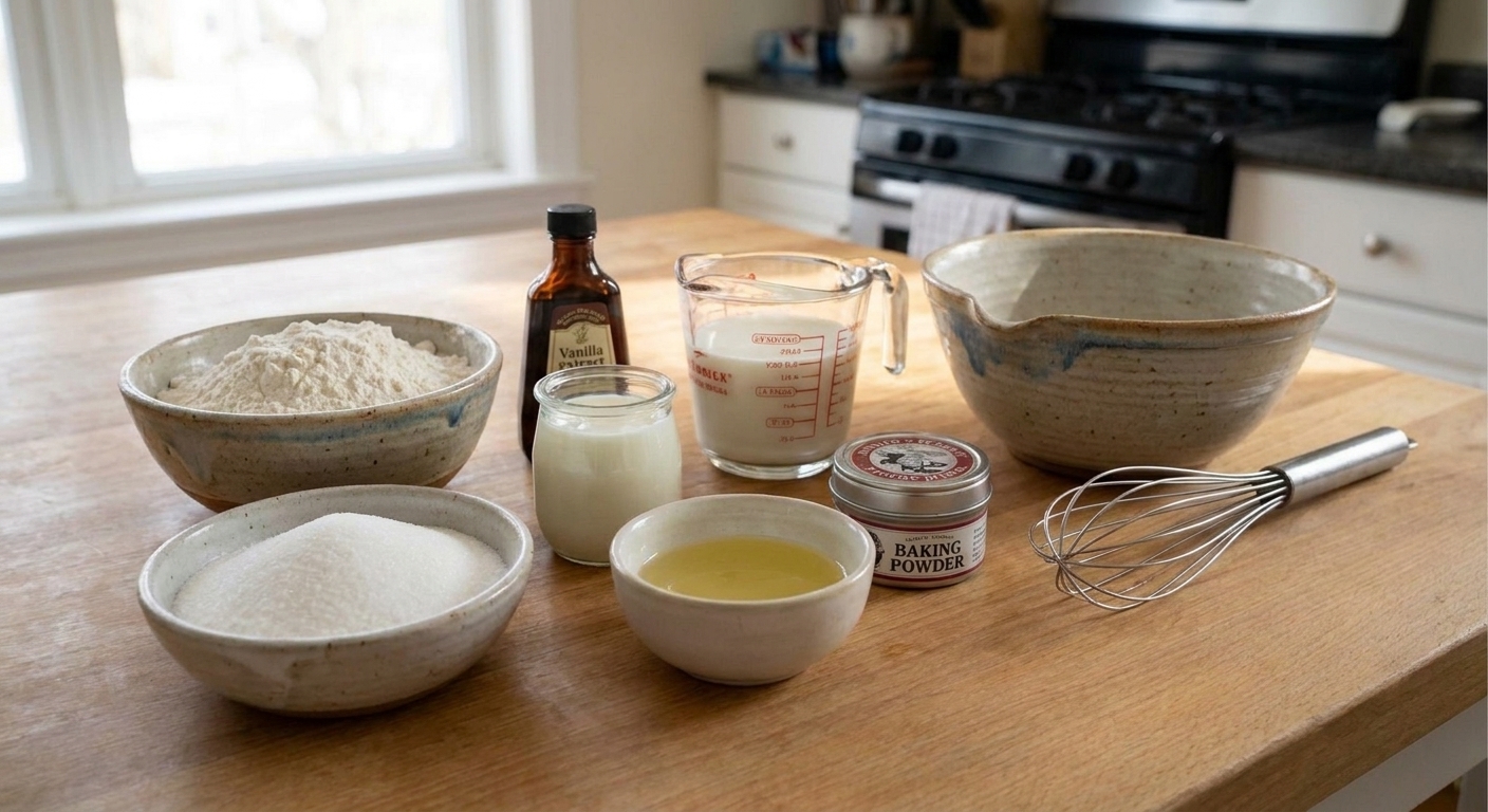 Measured flour, sugar, yogurt, milk, oil, vanilla, and baking powder arranged on a tidy kitchen counter with a whisk and mixing bowl